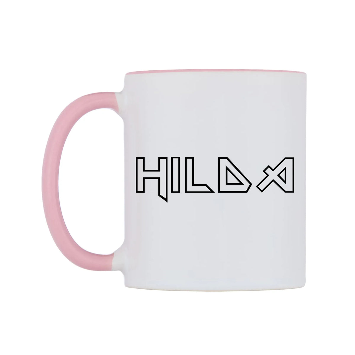 Hilda - Iron Maiden Themed Mug — white 11oz gloss mug with a pink inside and handle, right side, on a white background