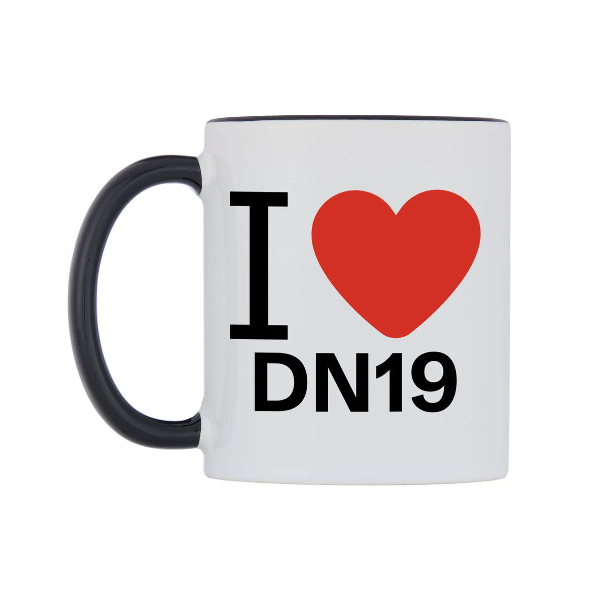 I Love DN19 Mug — white 11oz gloss mug with a black inside and handle, right side, on a white background