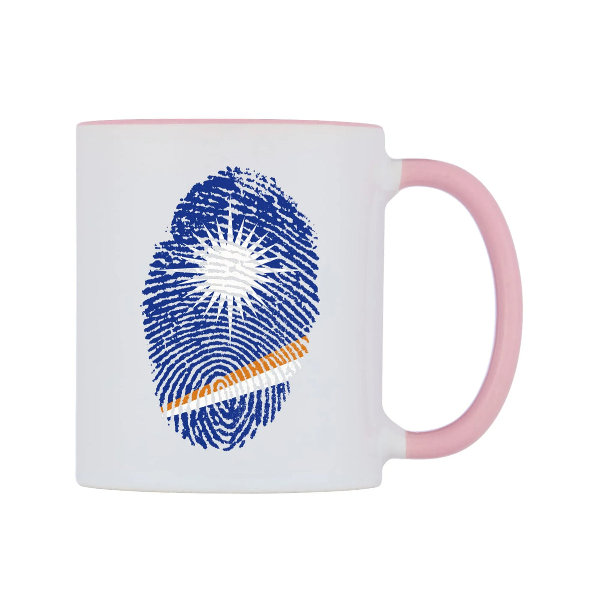 Marshall Islands Finger Print Flag Mug — white 11oz gloss mug with a pink inside and handle, left side, on a white background