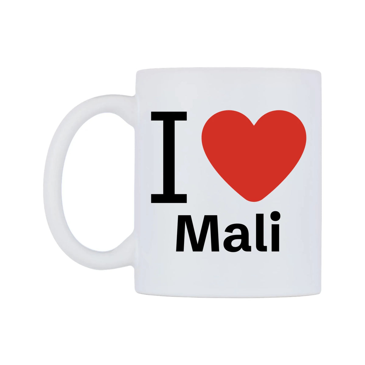 I Love Mali Mug — white 11oz gloss mug, right side, on a white background