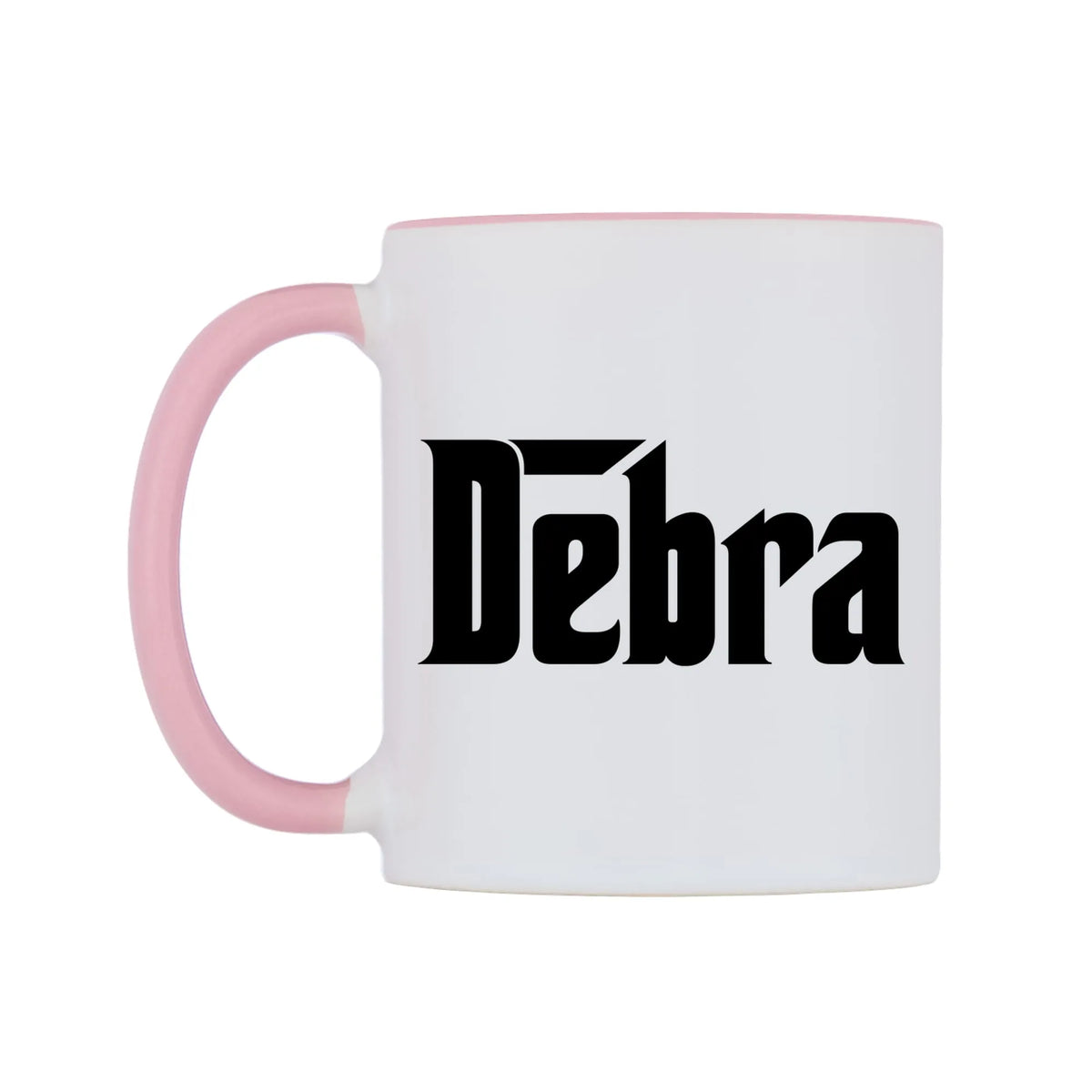 Debra - Godfather Themed Mug — white 11oz gloss mug with a pink inside and handle, right side, on a white background