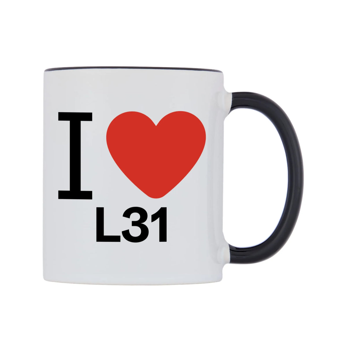 I Love L31 Mug — white 11oz gloss mug with a black inside and handle, left side, on a white background