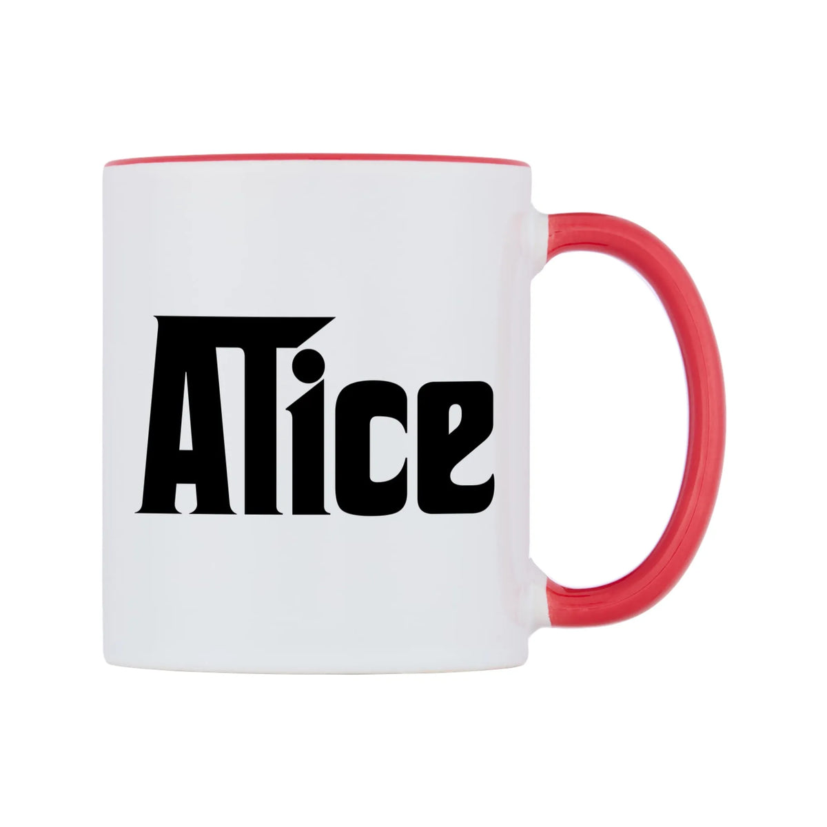 Alice - Godfather Themed Mug — white 11oz gloss mug with a red inside and handle, left side, on a white background
