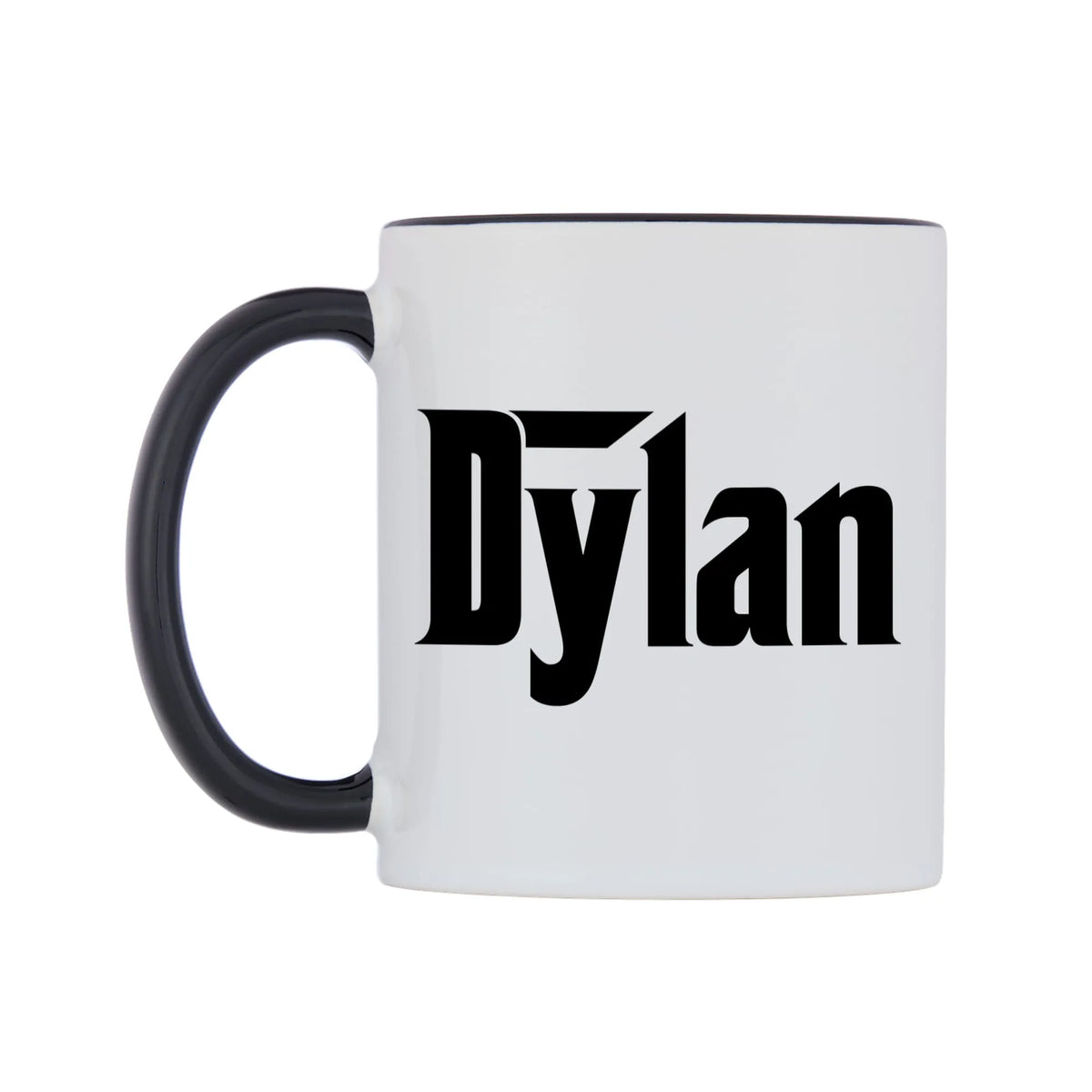 Dylan - Godfather Themed Mug — white 11oz gloss mug with a black inside and handle, right side, on a white background