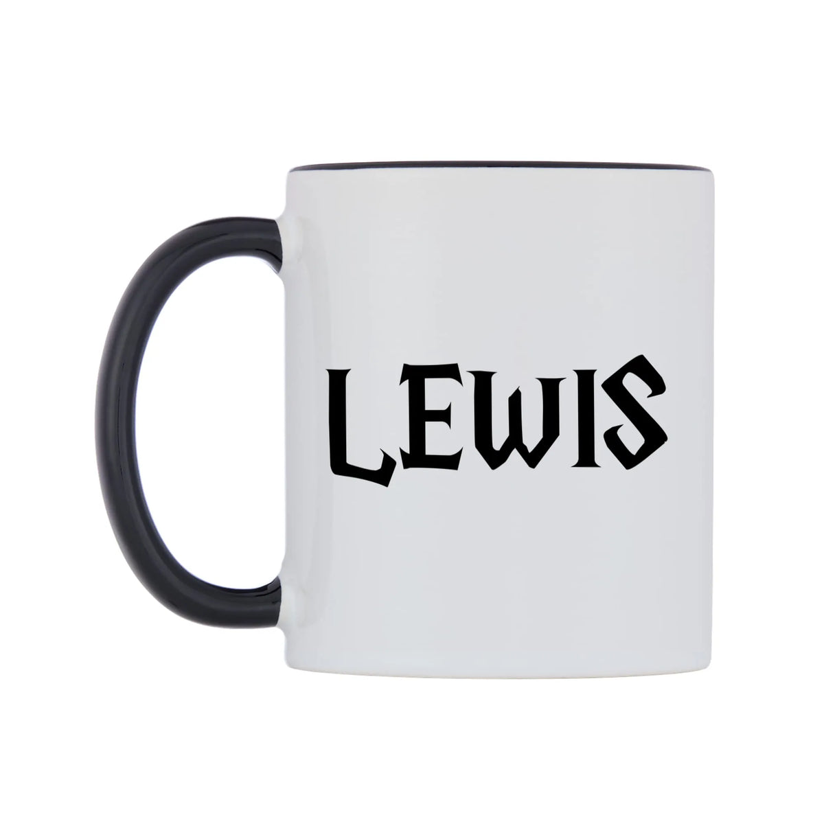 Lewis - Wizard Themed Mug — white 11oz gloss mug with a black inside and handle, right side, on a white background
