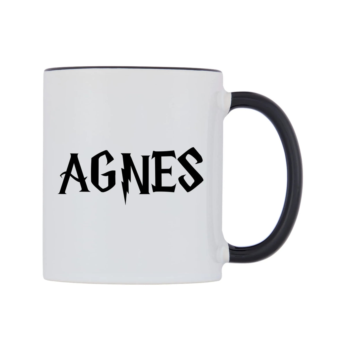 Agnes - Wizard Themed Mug — white 11oz gloss mug with a black inside and handle, left side, on a white background