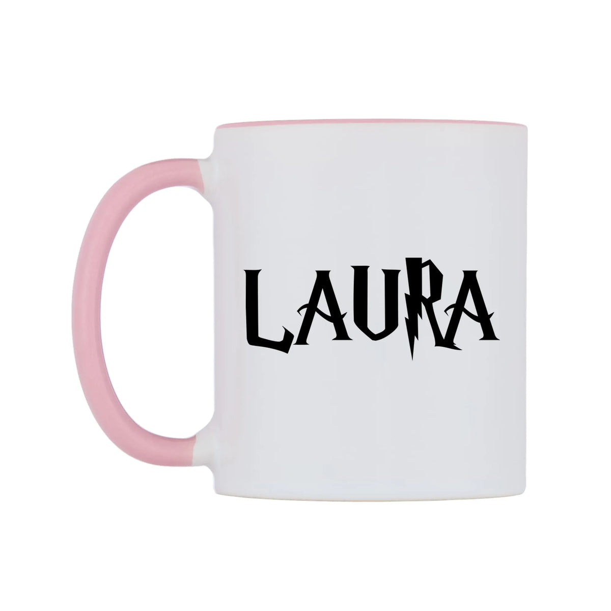 Laura - Wizard Themed Mug — white 11oz gloss mug with a pink inside and handle, right side, on a white background