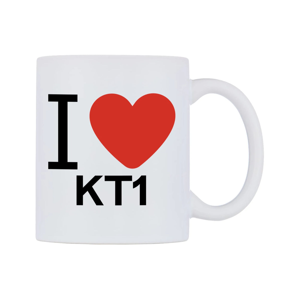 I Love KT1 Mug — white 11oz gloss mug, left side, on a white background