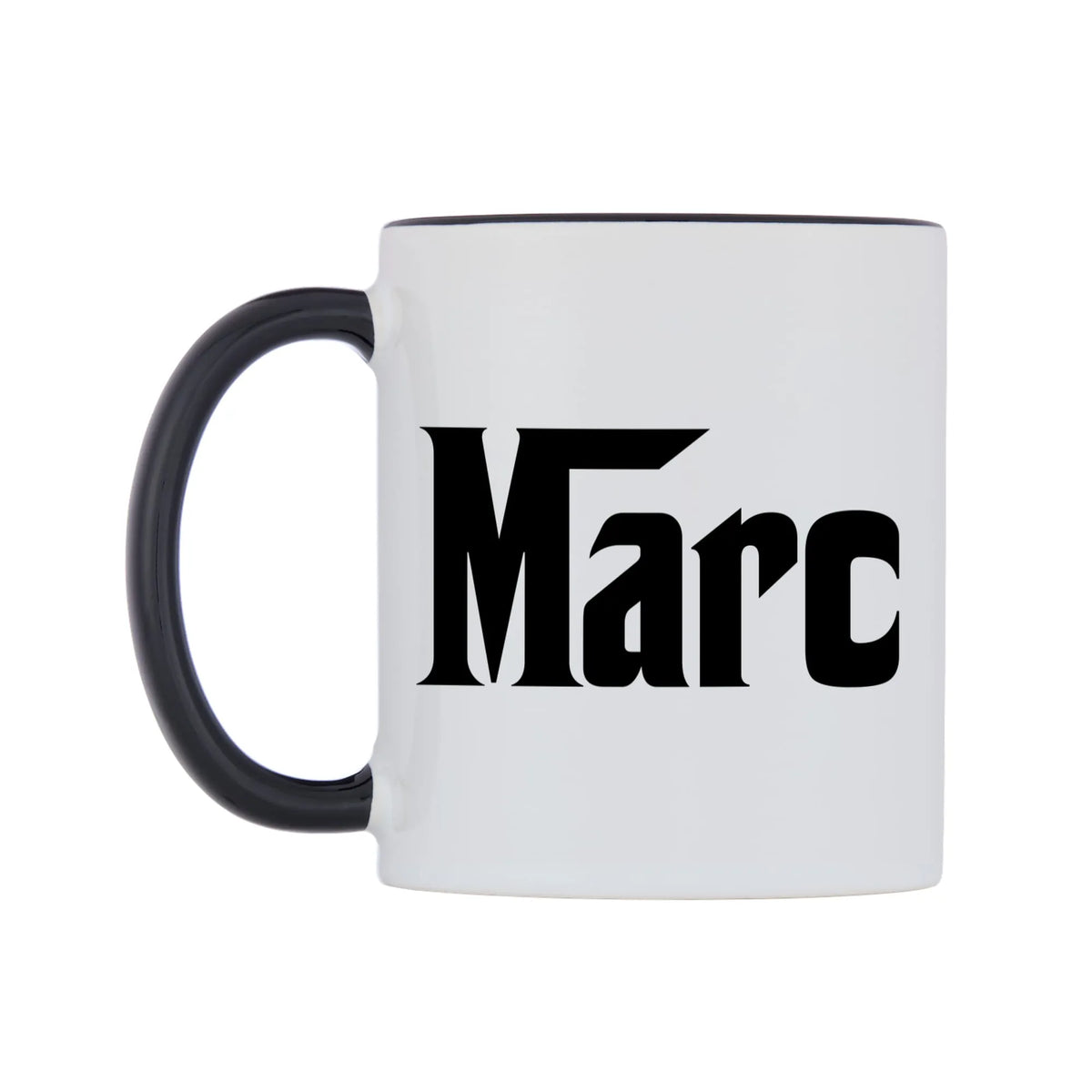 Marc - Godfather Themed Mug — white 11oz gloss mug with a black inside and handle, right side, on a white background