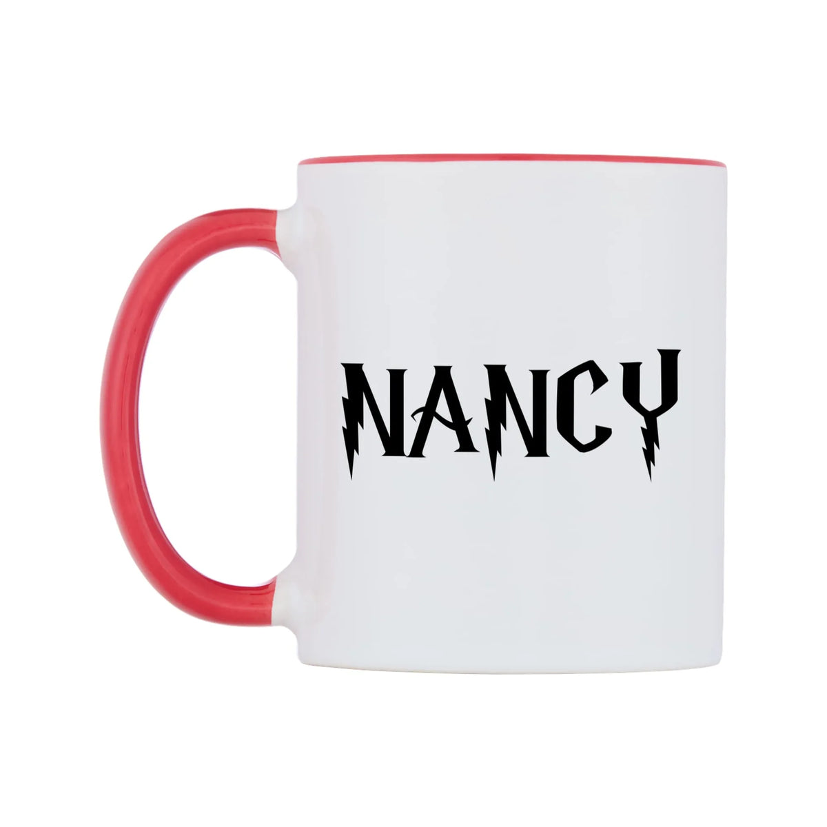 Nancy - Wizard Themed Mug — white 11oz gloss mug with a red inside and handle, right side, on a white background