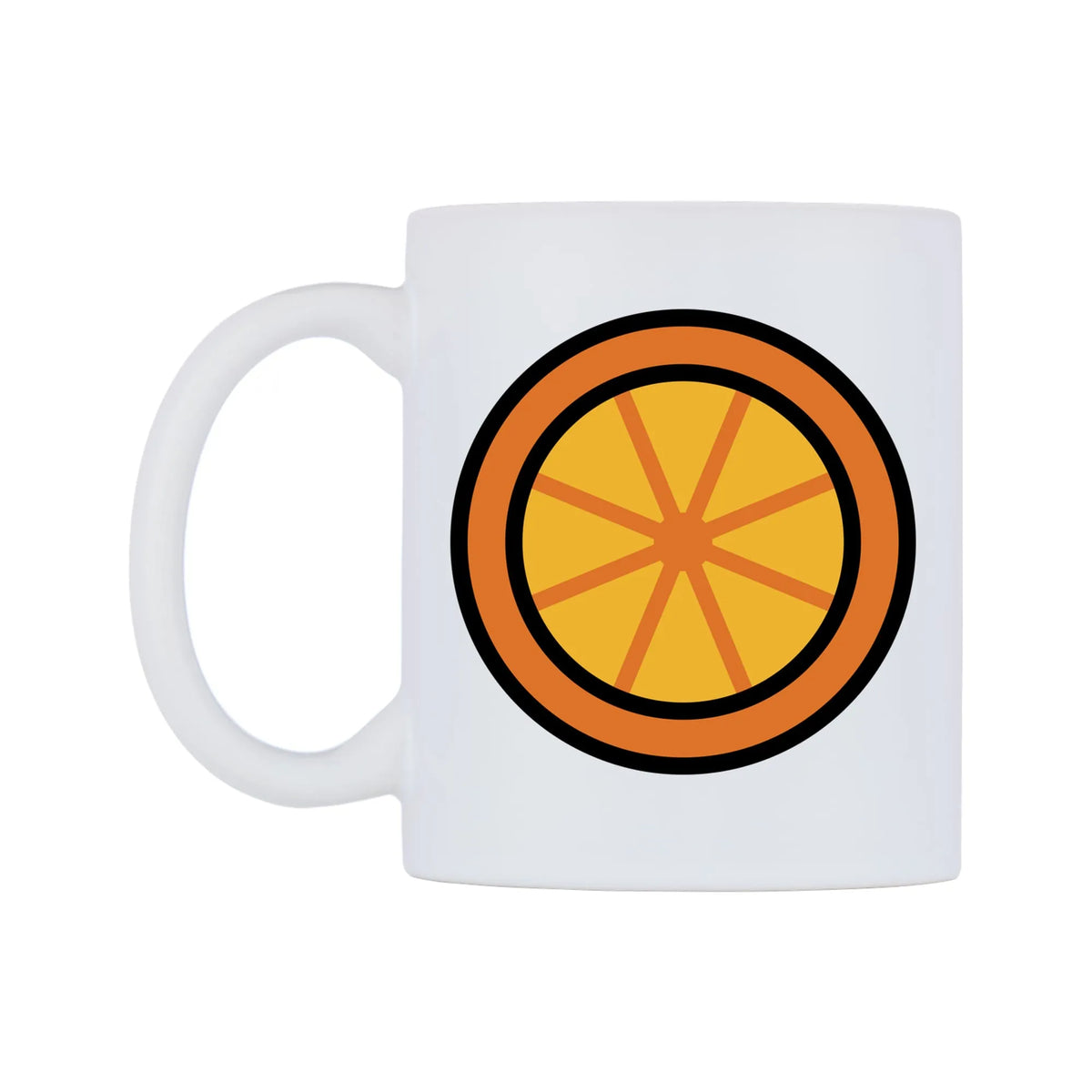 Half Orange Fruit Emoji Mug — mug, right side, on a white background