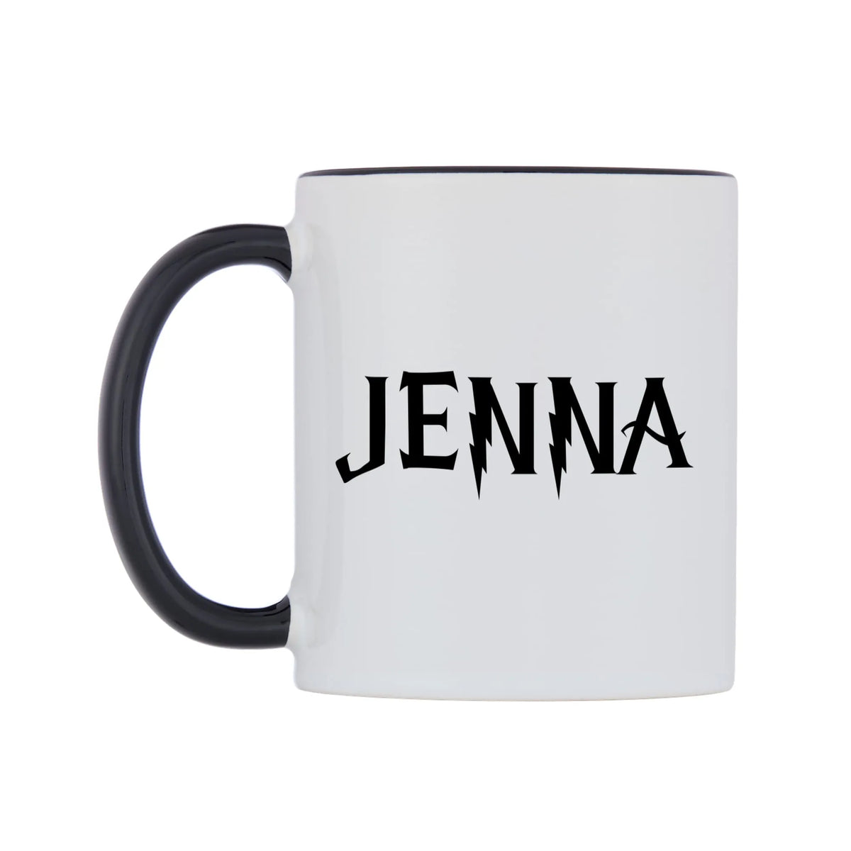 Jenna - Wizard Themed Mug — white 11oz gloss mug with a black inside and handle, right side, on a white background