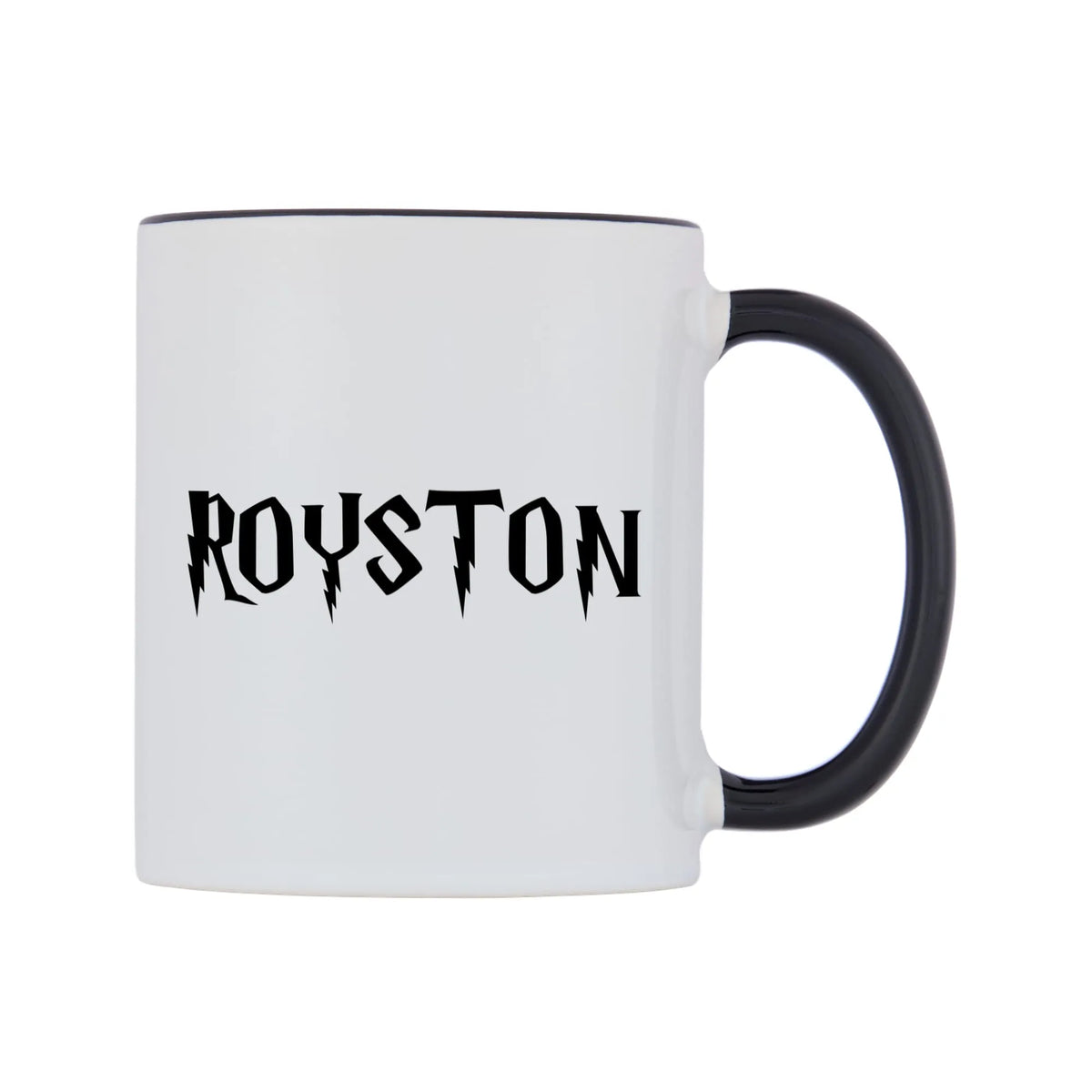 Royston - Wizard Themed Mug — white 11oz gloss mug with a black inside and handle, left side, on a white background