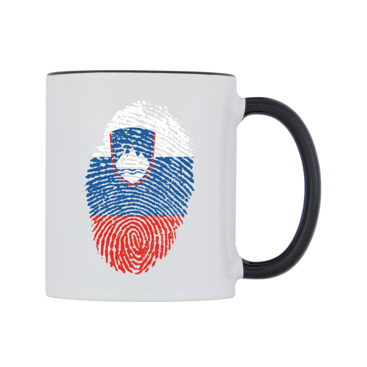 Slovenia Finger Print Flag Mug — white 11oz gloss mug with a black inside and handle, left side, on a white background