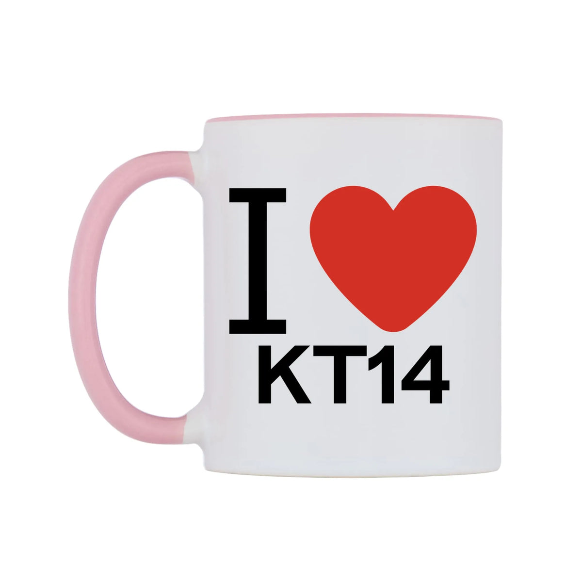 I Love KT14 Mug — white 11oz gloss mug with a pink inside and handle, right side, on a white background