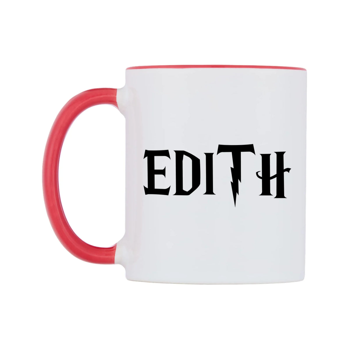 Edith - Wizard Themed Mug — white 11oz gloss mug with a red inside and handle, right side, on a white background