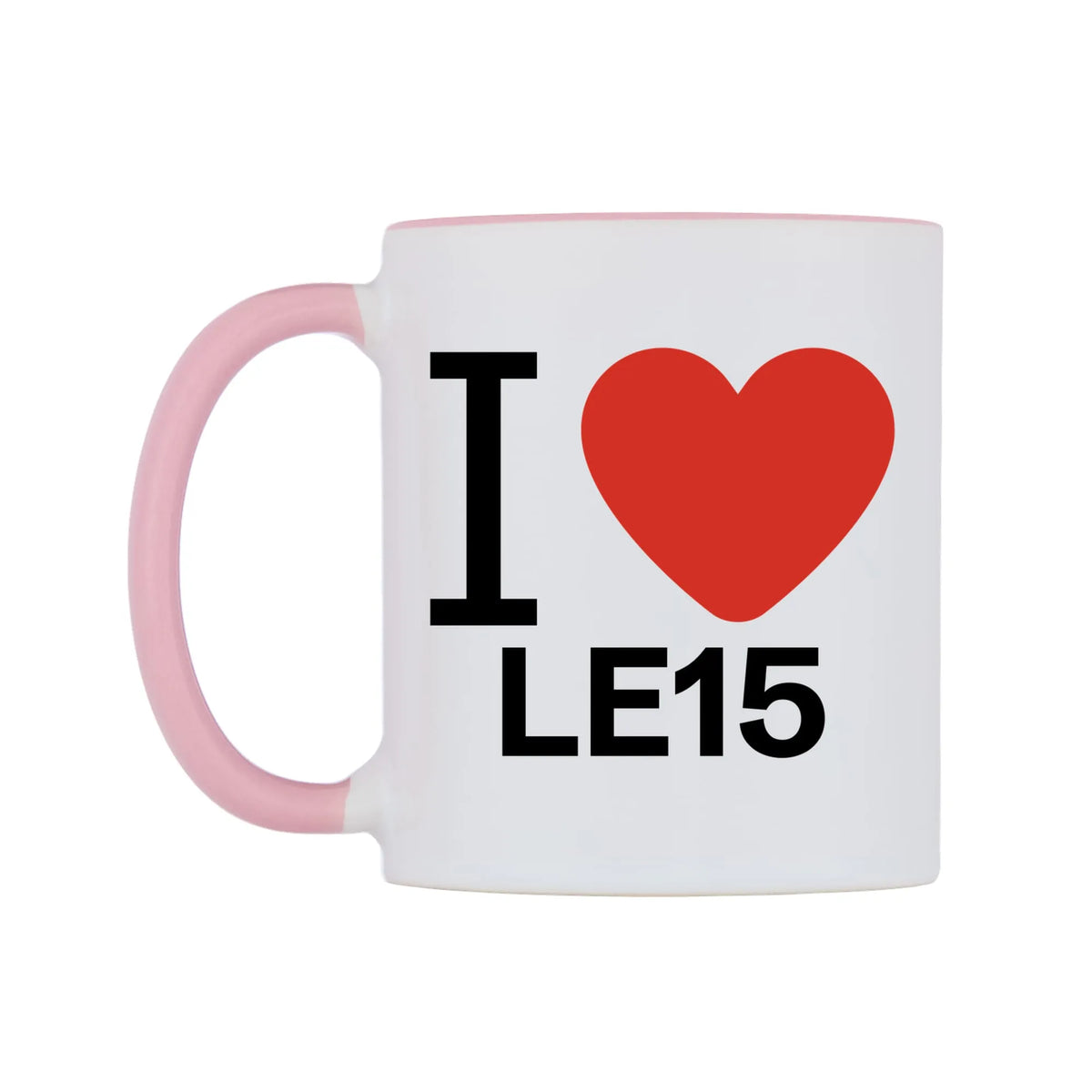 I Love LE15 Mug — white 11oz gloss mug with a pink inside and handle, right side, on a white background