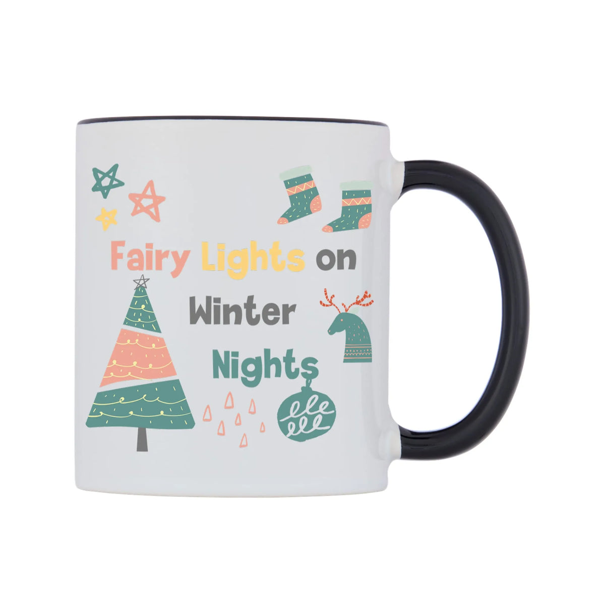 Fairy Lights on Winter Nights Mug — white 11oz gloss mug with a black inside and handle, left side, on a white background