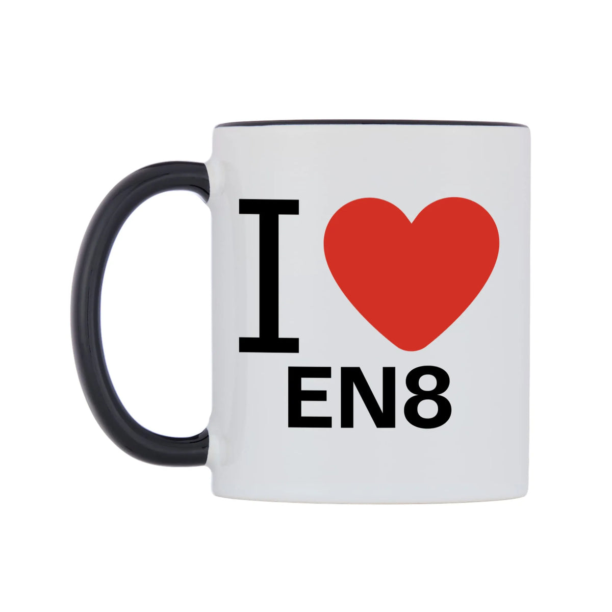 I Love EN8 Mug — white 11oz gloss mug with a black inside and handle, right side, on a white background