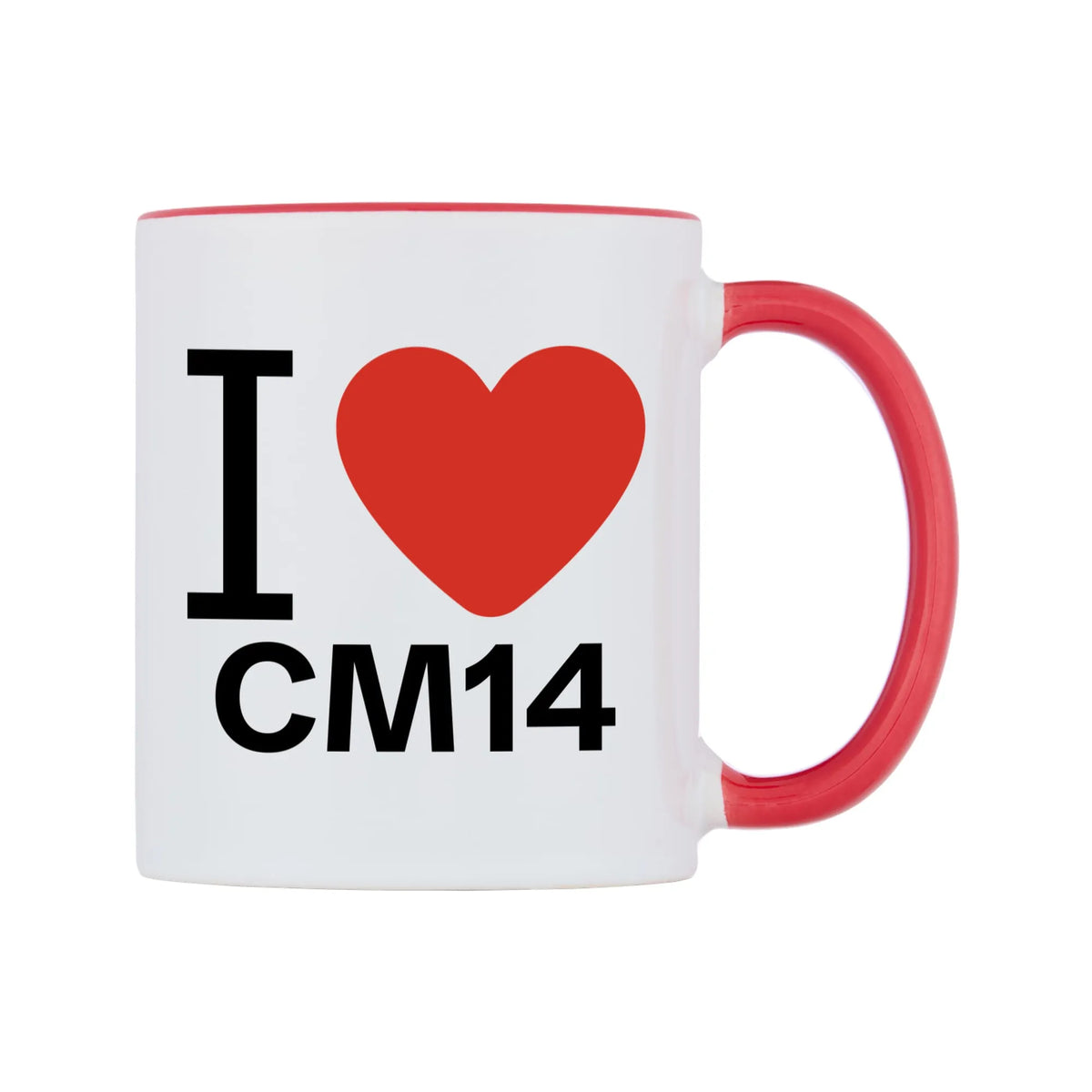 I Love CM14 Mug — white 11oz gloss mug with a red inside and handle, left side, on a white background
