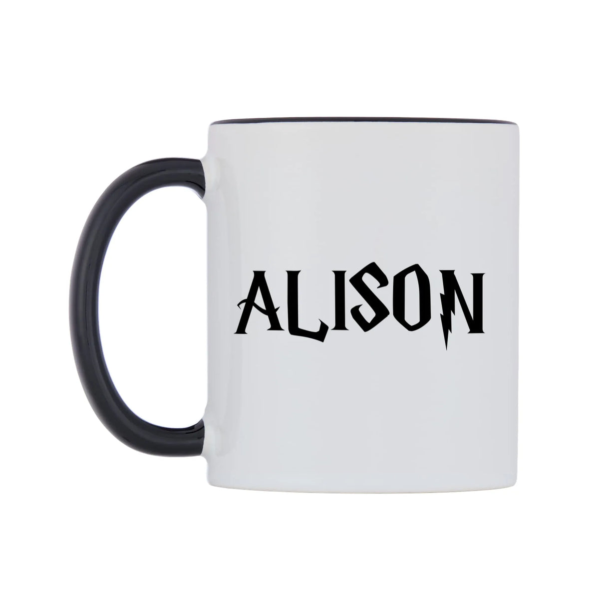 Alison - Wizard Themed Mug — white 11oz gloss mug with a black inside and handle, right side, on a white background
