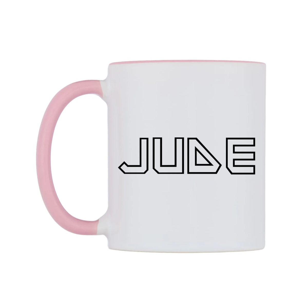 Jude - Iron Maiden Themed Mug — white 11oz gloss mug with a pink inside and handle, right side, on a white background