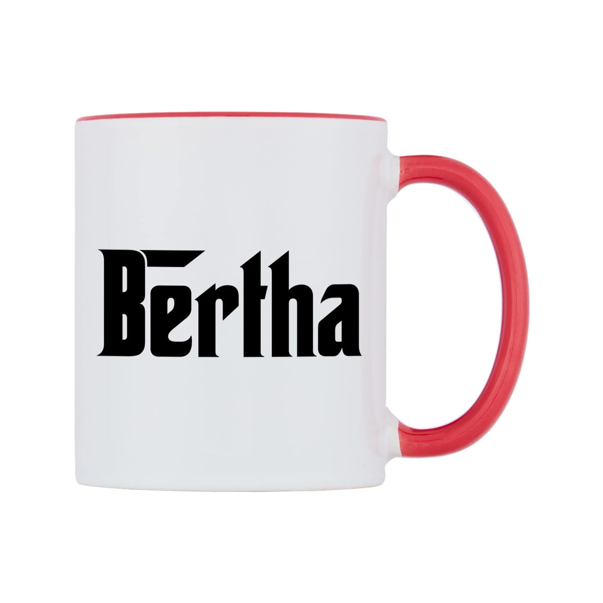 Bertha - Godfather Themed Mug — white 11oz gloss mug with a red inside and handle, left side, on a white background