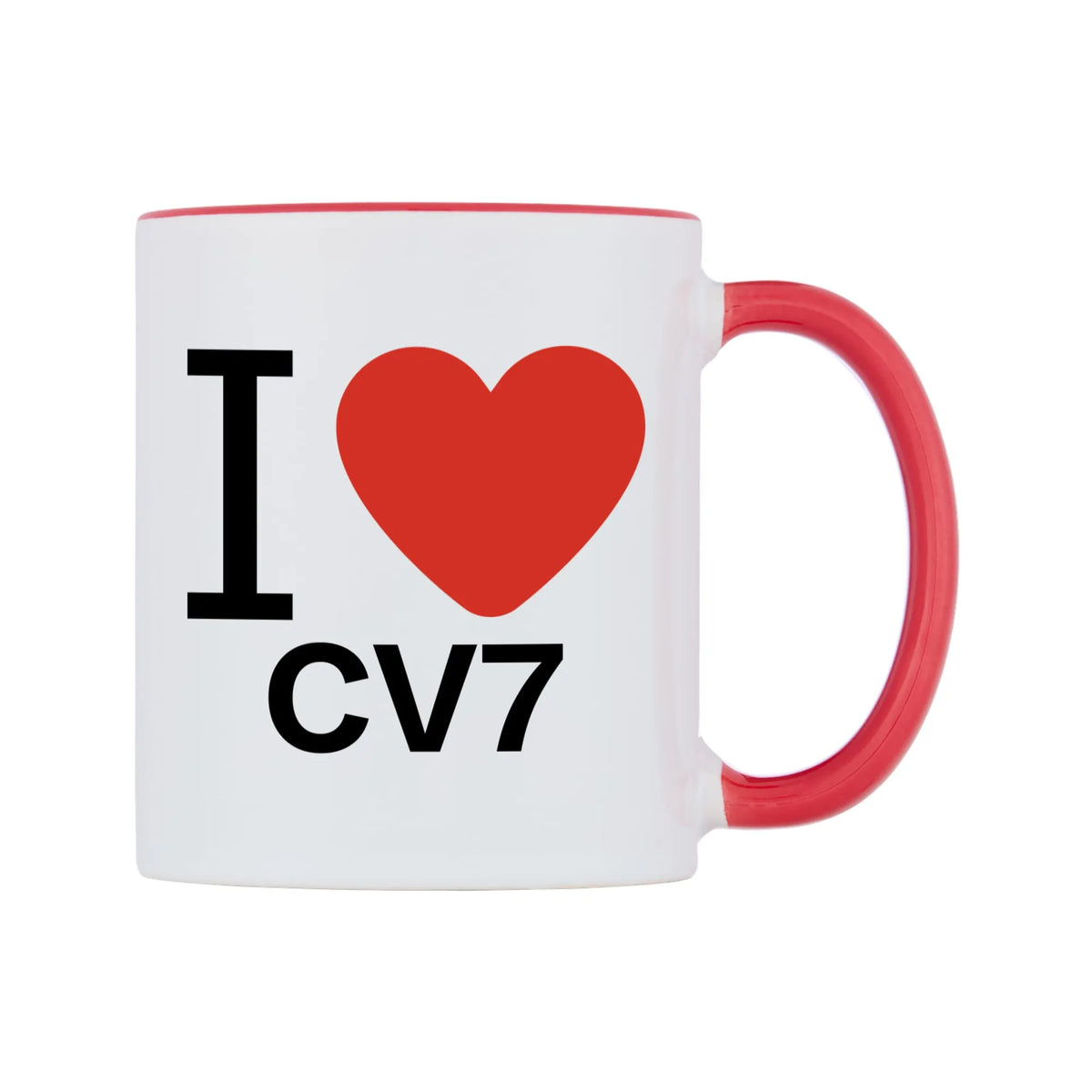 I Love CV7 Mug — white 11oz gloss mug with a red inside and handle, left side, on a white background