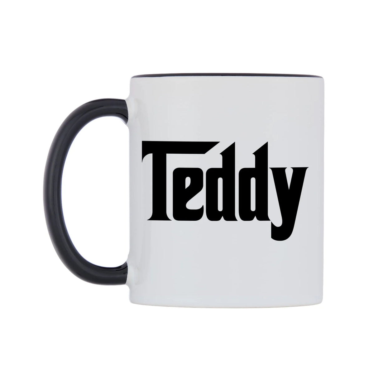 Teddy - Godfather Themed Mug — white 11oz gloss mug with a black inside and handle, right side, on a white background