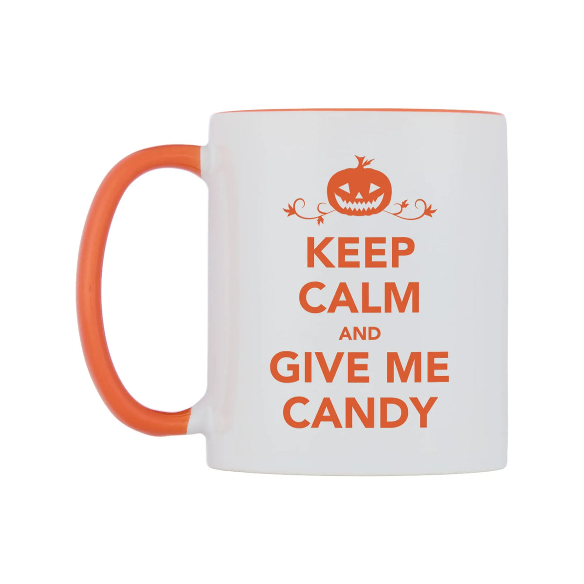 Keep Calm And Give Me Candy Mug — white 11oz gloss mug with a orange inside and handle, right side, on a white background