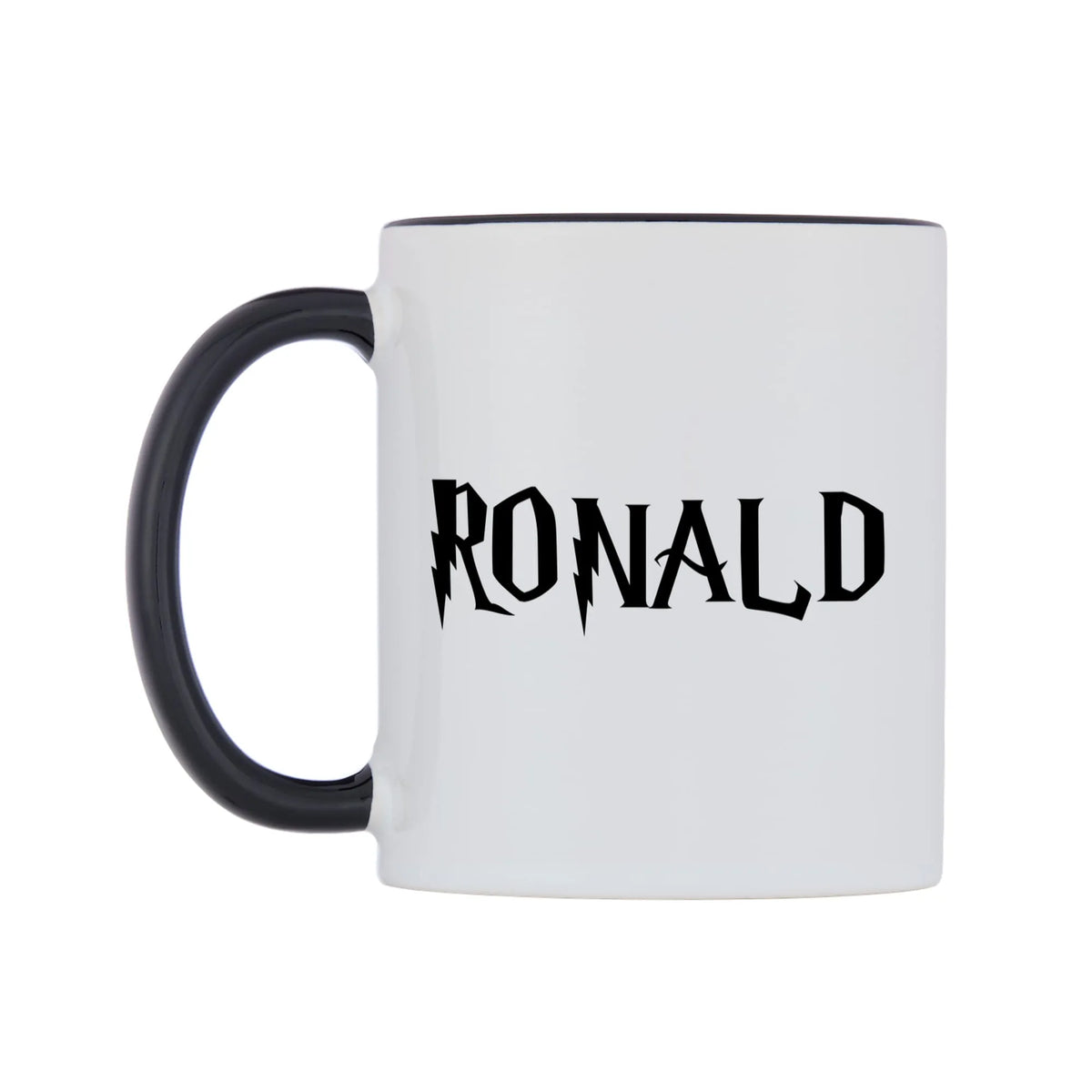 Ronald - Wizard Themed Mug — white 11oz gloss mug with a black inside and handle, right side, on a white background