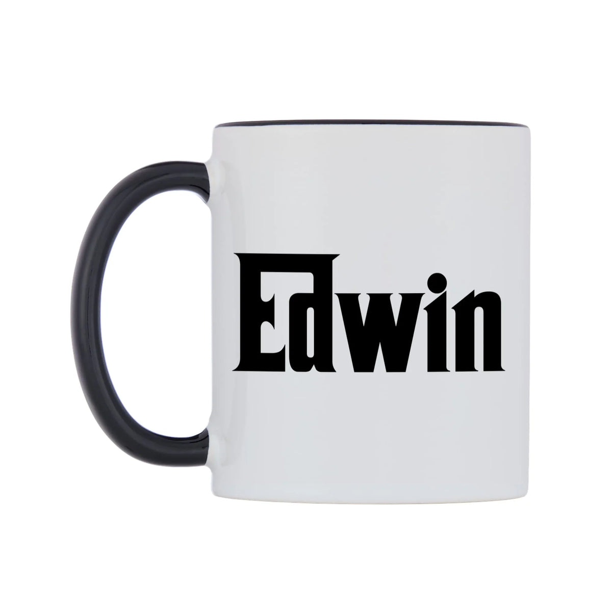 Edwin - Godfather Themed Mug — white 11oz gloss mug with a black inside and handle, right side, on a white background