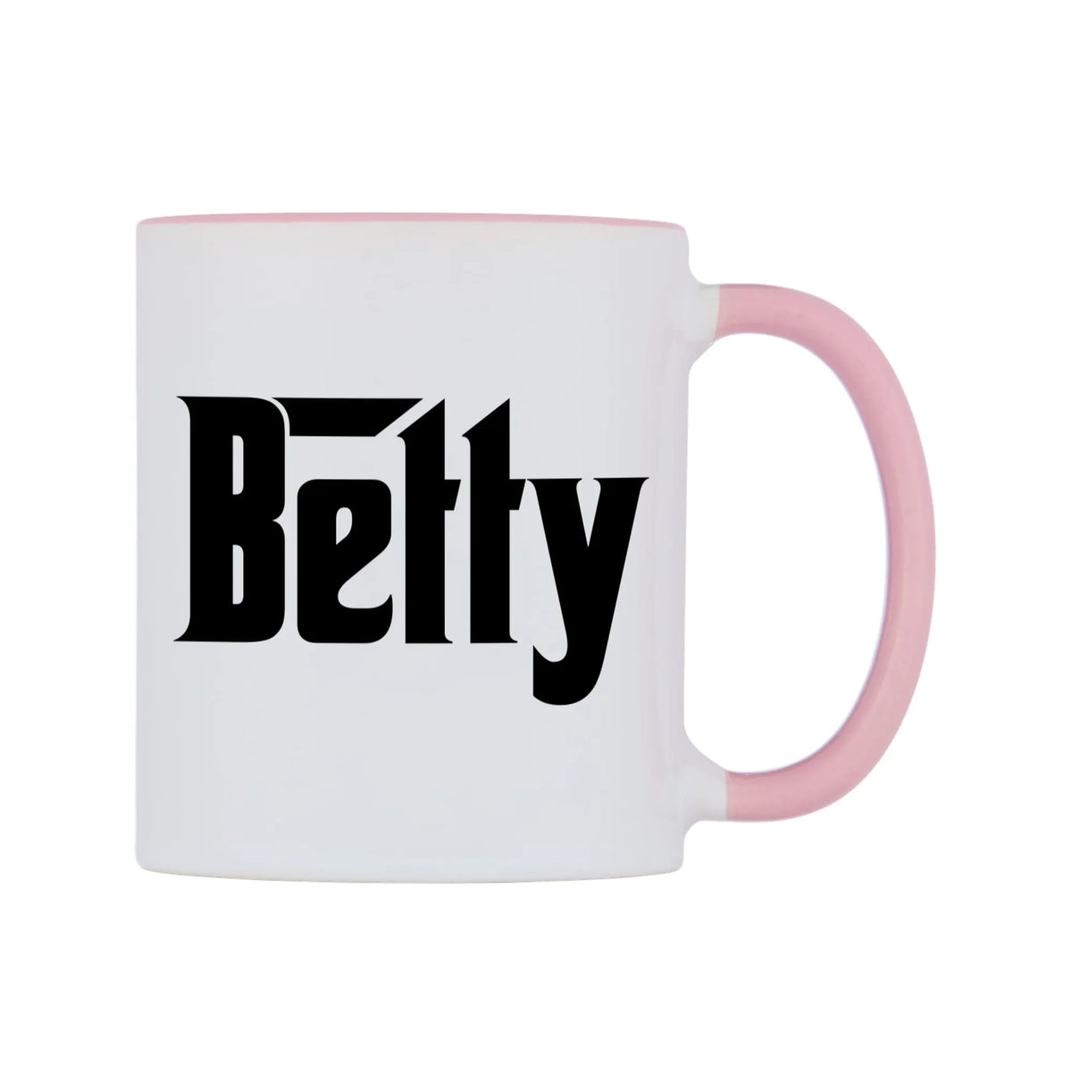 Betty - Godfather Themed Mug — white 11oz gloss mug with a pink inside and handle, left side, on a white background