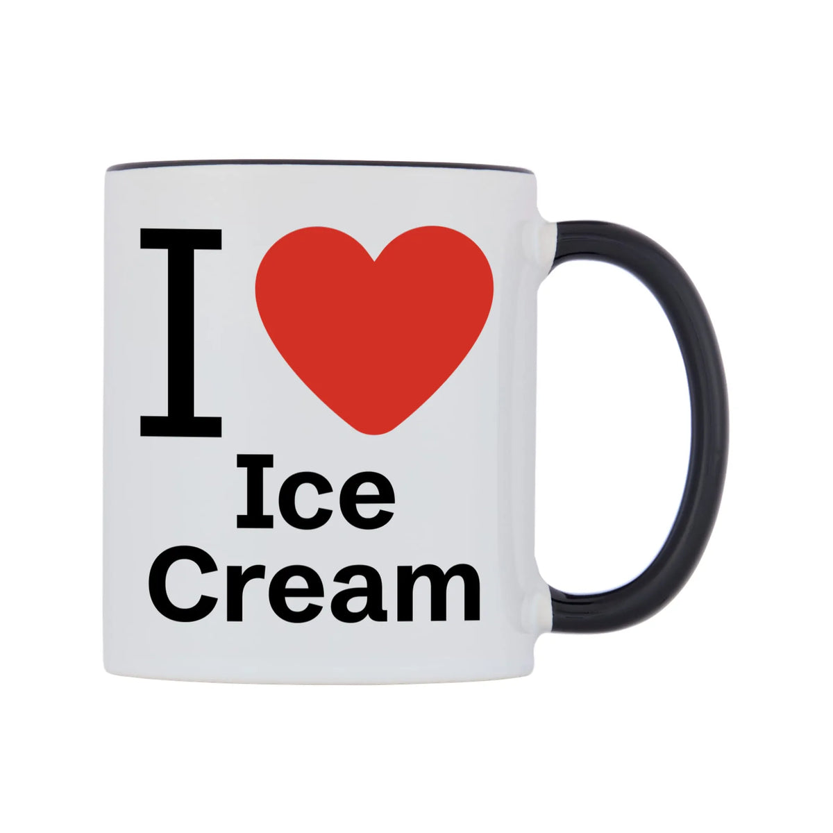 I Love Ice Cream Mug — white 11oz gloss mug with a black inside and handle, left side, on a white background