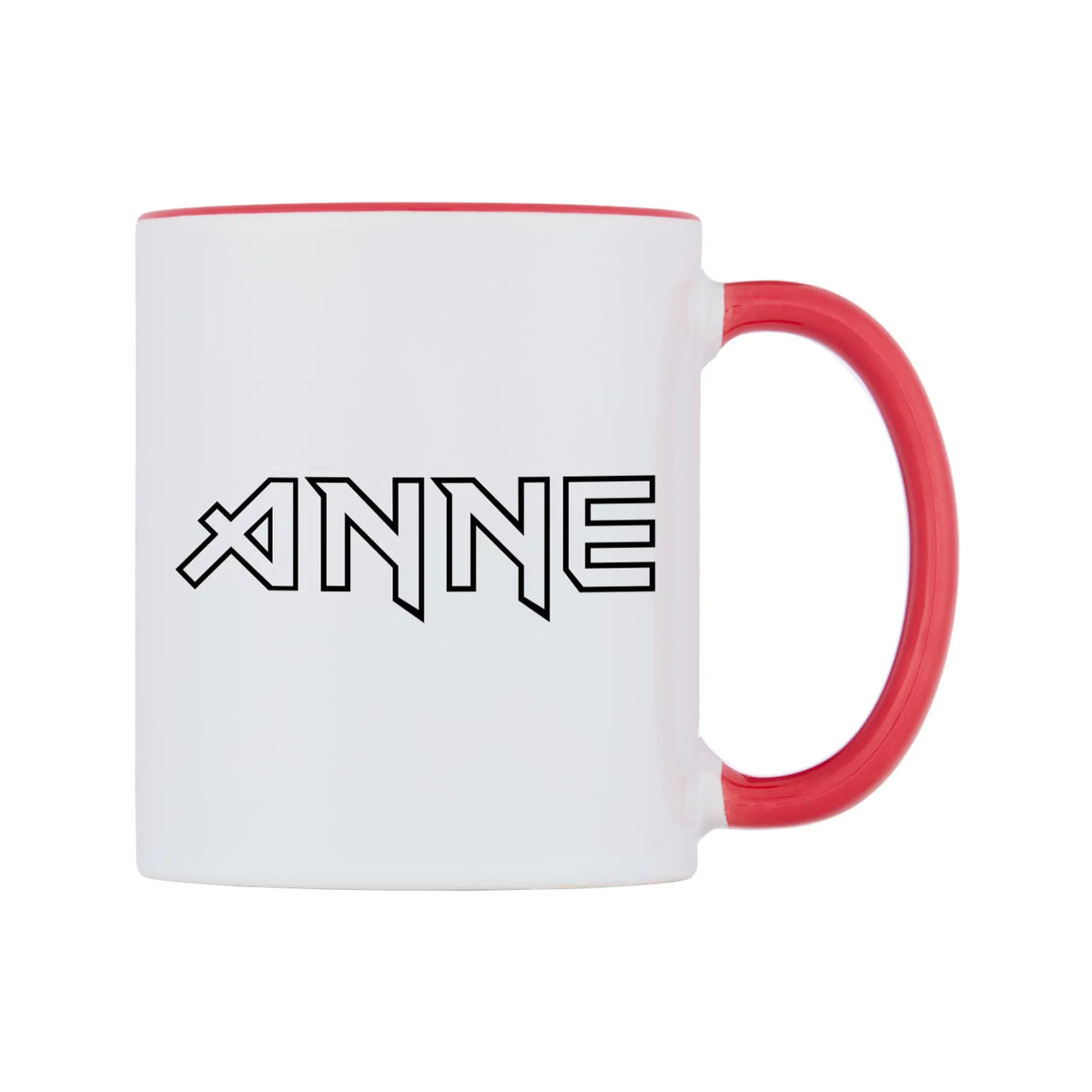 Anne - Iron Maiden Themed Mug — white 11oz gloss mug with a red inside and handle, left side, on a white background