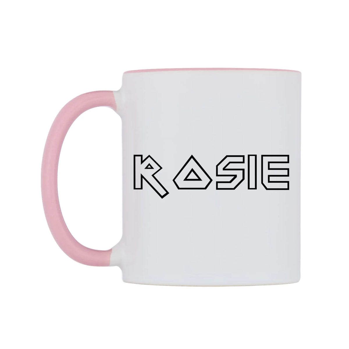 Rosie - Iron Maiden Themed Mug — white 11oz gloss mug with a pink inside and handle, right side, on a white background