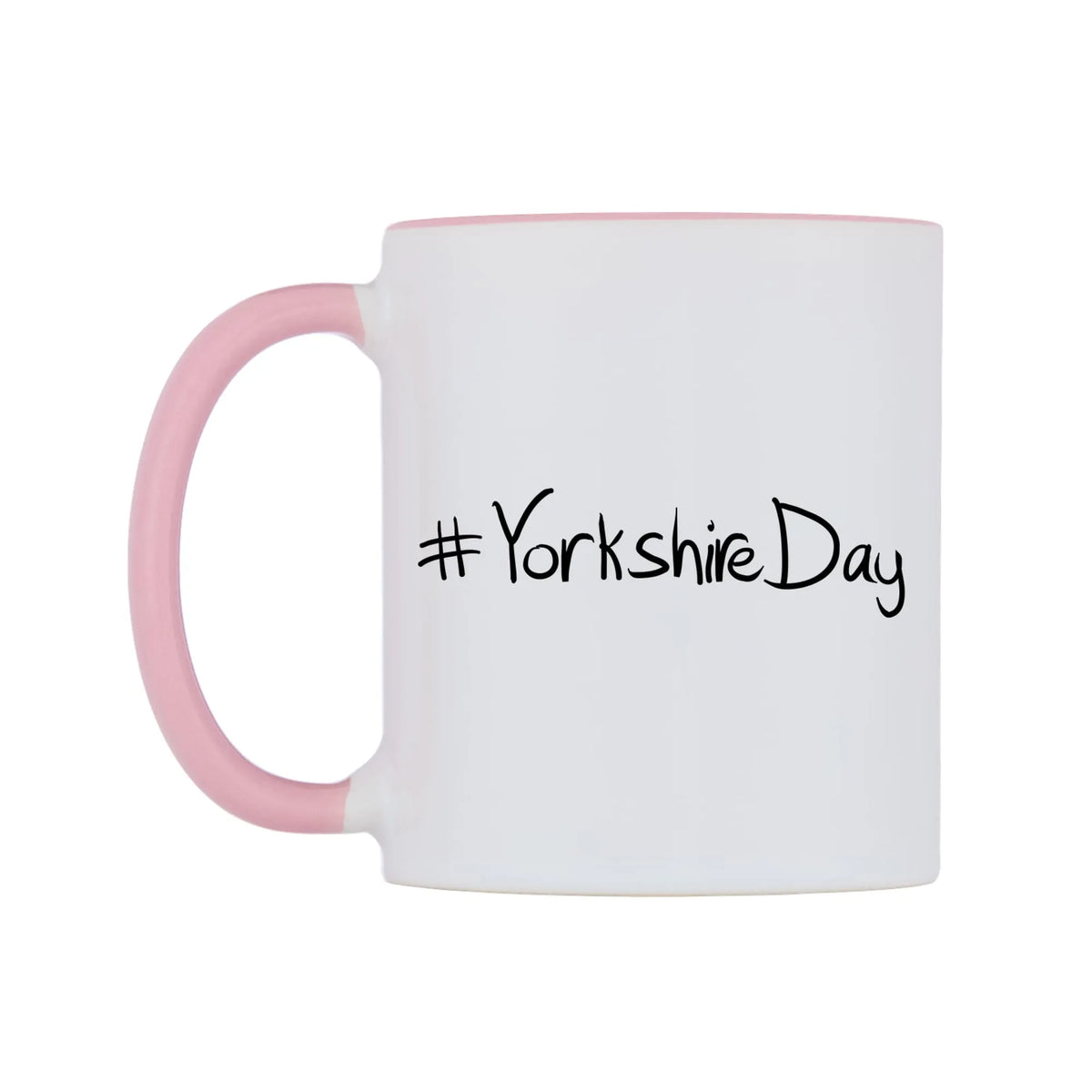 YorkshireDay Mug — white 11oz gloss mug with a pink inside and handle, right side, on a white background