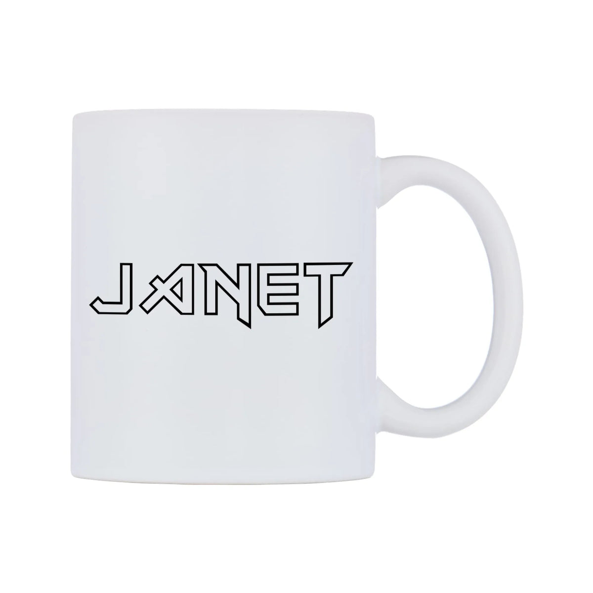 Janet - Iron Maiden Themed Mug — white 11oz gloss mug, left side, on a white background