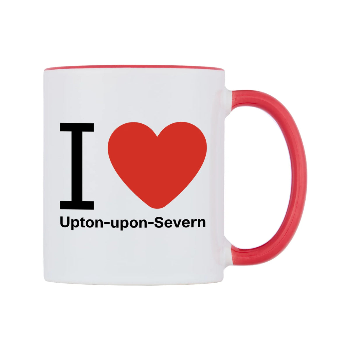I Love Upton-upon-Severn Mug — white 11oz gloss mug with a red inside and handle, left side, on a white background