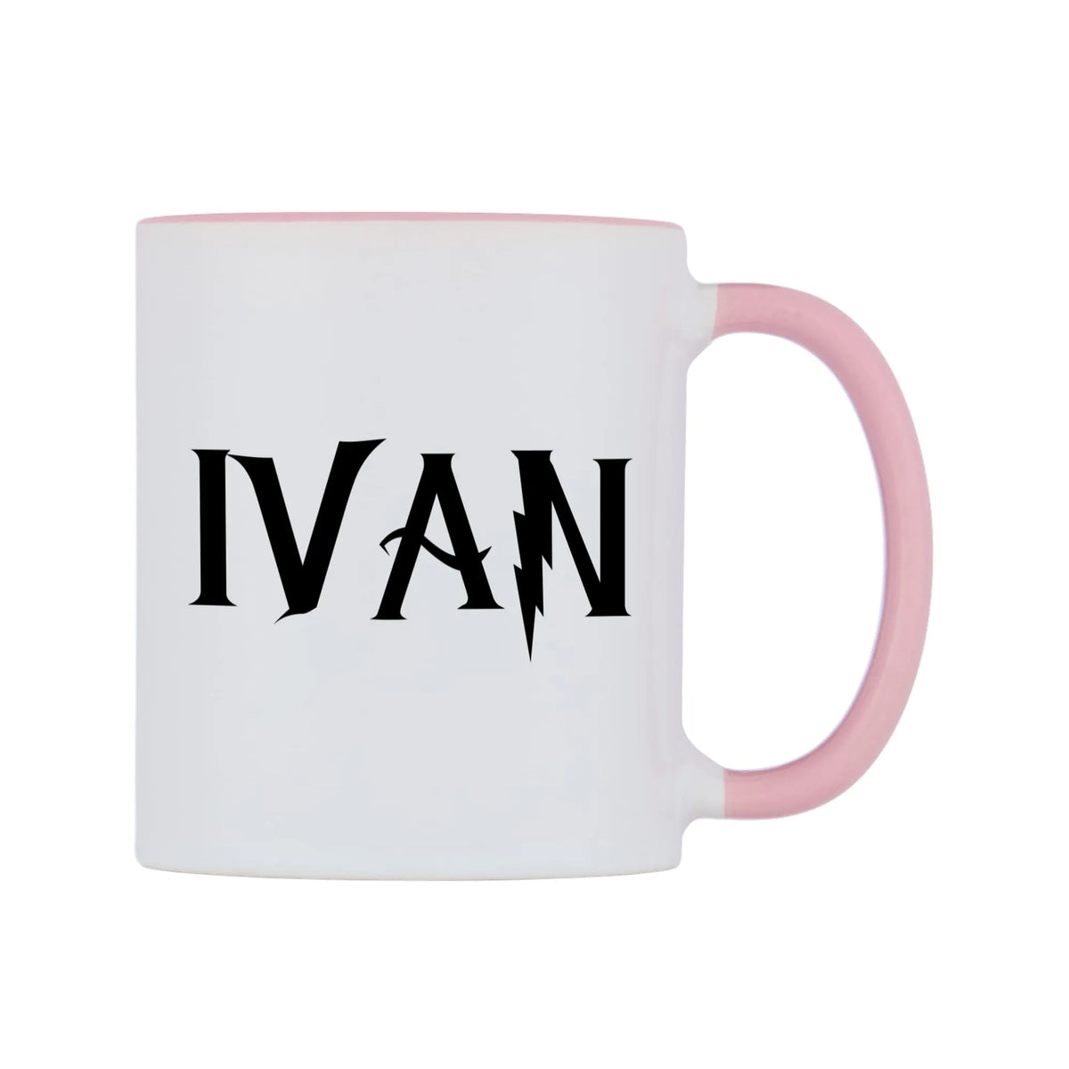 Ivan - Wizard Themed Mug — white 11oz gloss mug with a pink inside and handle, left side, on a white background