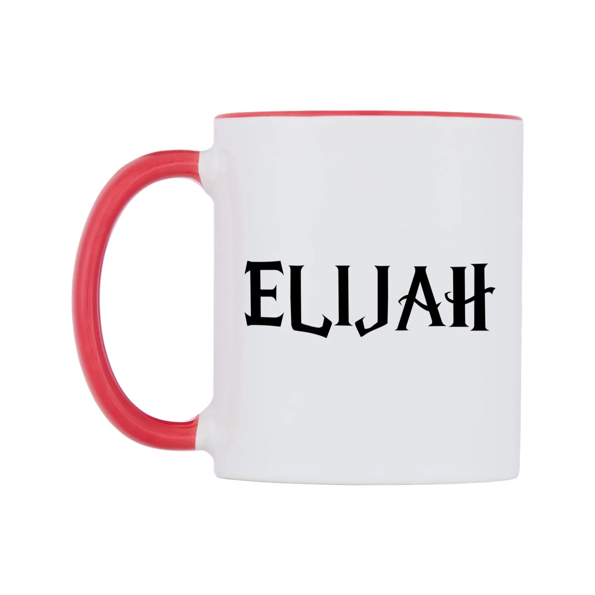 Elijah - Wizard Themed Mug — white 11oz gloss mug with a red inside and handle, right side, on a white background