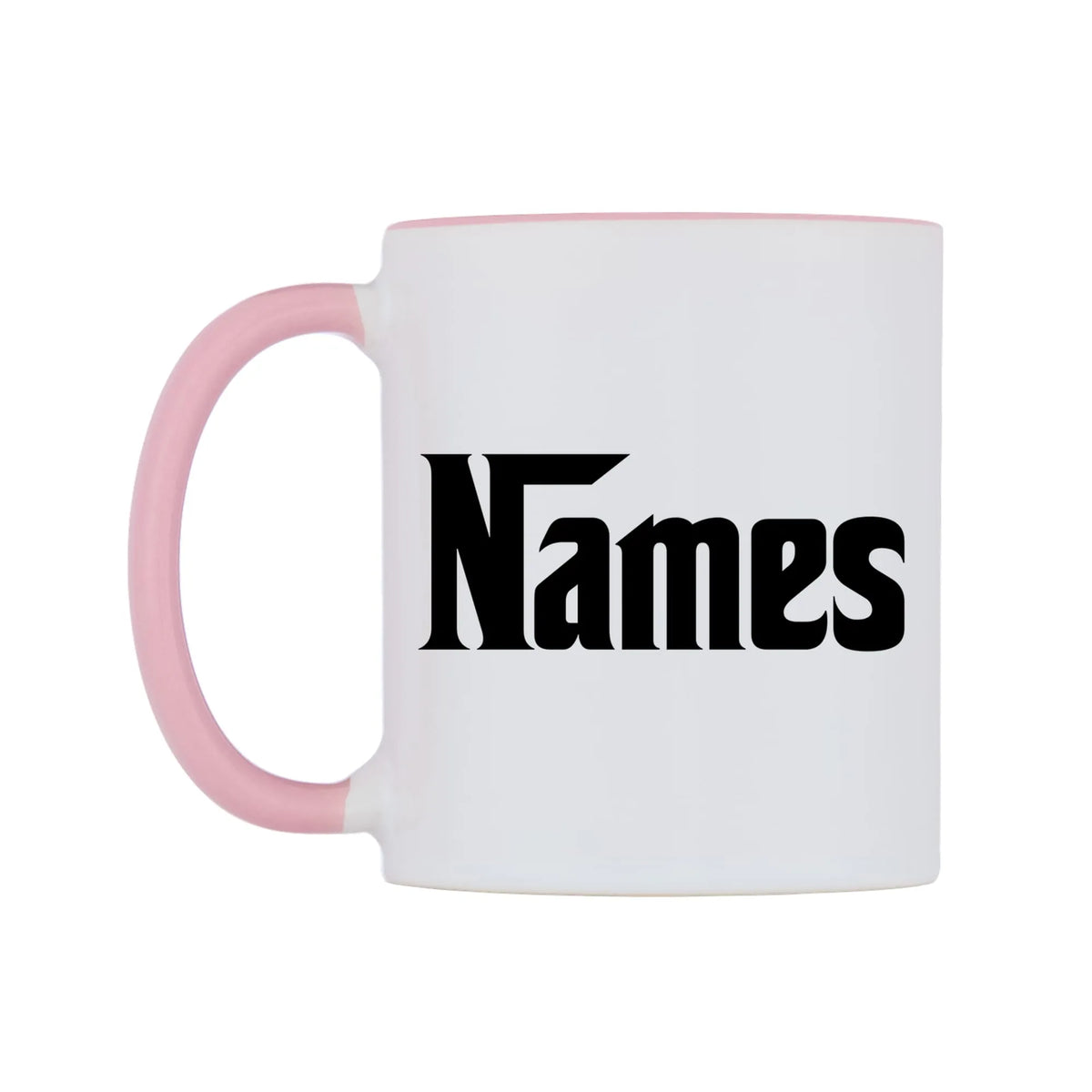 Personalised Godfather Themed Font Names Mug — white 11oz gloss mug with a pink inside and handle, right side, on a white background