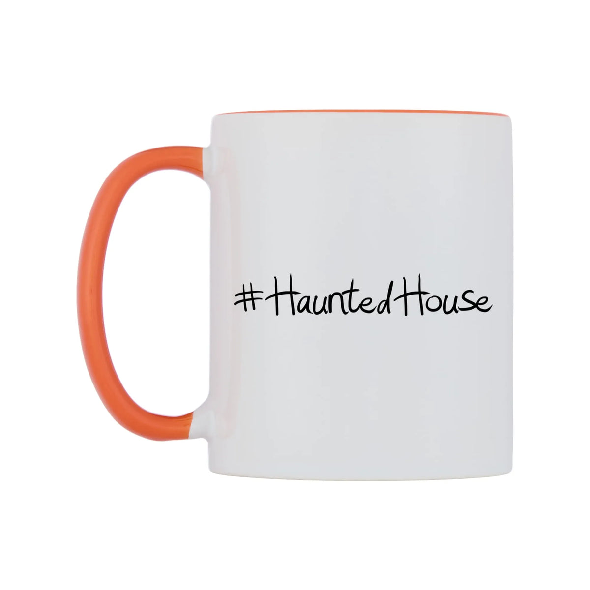 HauntedHouse Mug — white 11oz gloss mug with a orange inside and handle, right side, on a white background