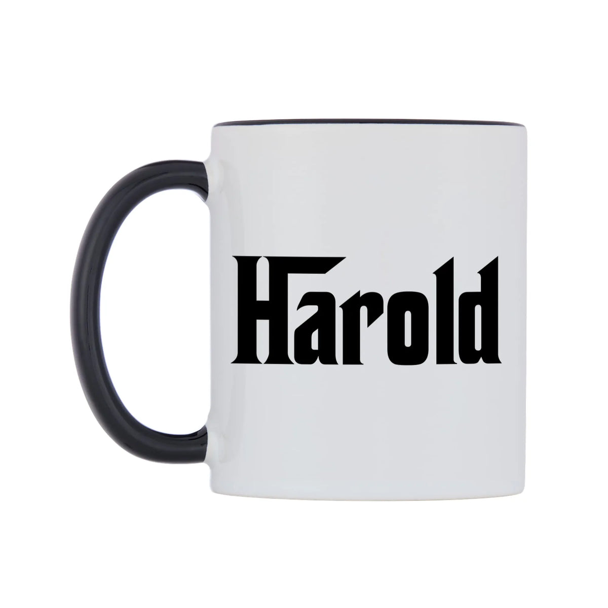 Harold - Godfather Themed Mug — white 11oz gloss mug with a black inside and handle, right side, on a white background