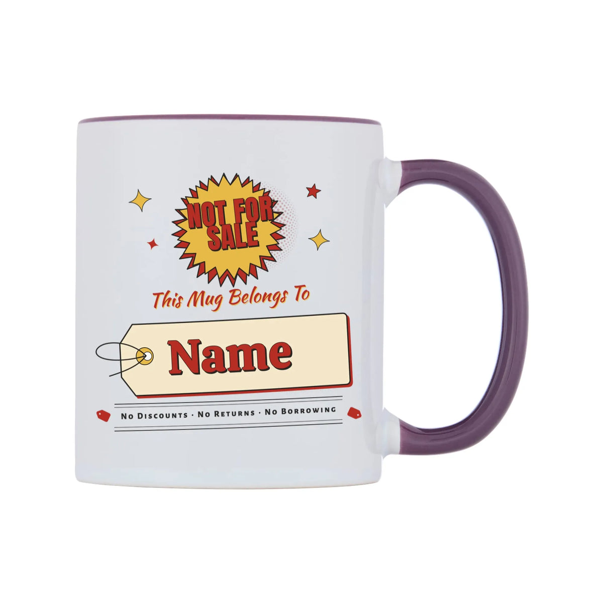 Not For Sale Swing Tag Mug — white 11oz gloss mug with a purple inside and handle, on a white background