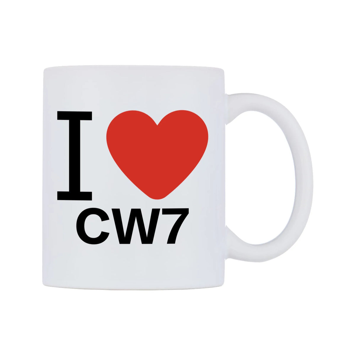 I Love CW7 Mug — white 11oz gloss mug, left side, on a white background