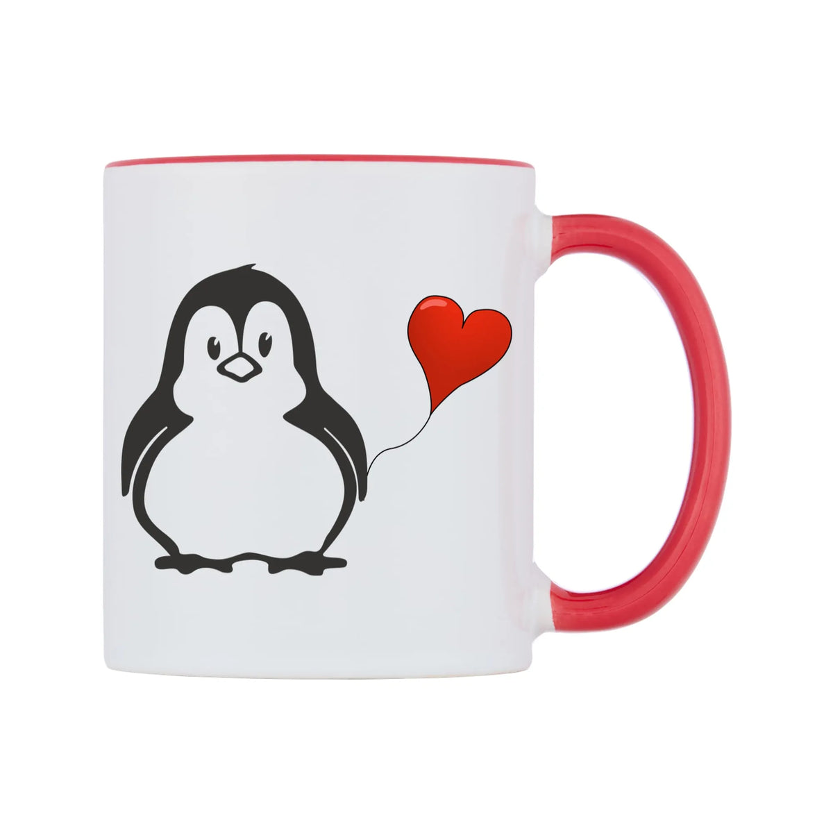 Love Heart Penguin Mug — white 11oz gloss mug with a red inside and handle, left side, on a white background