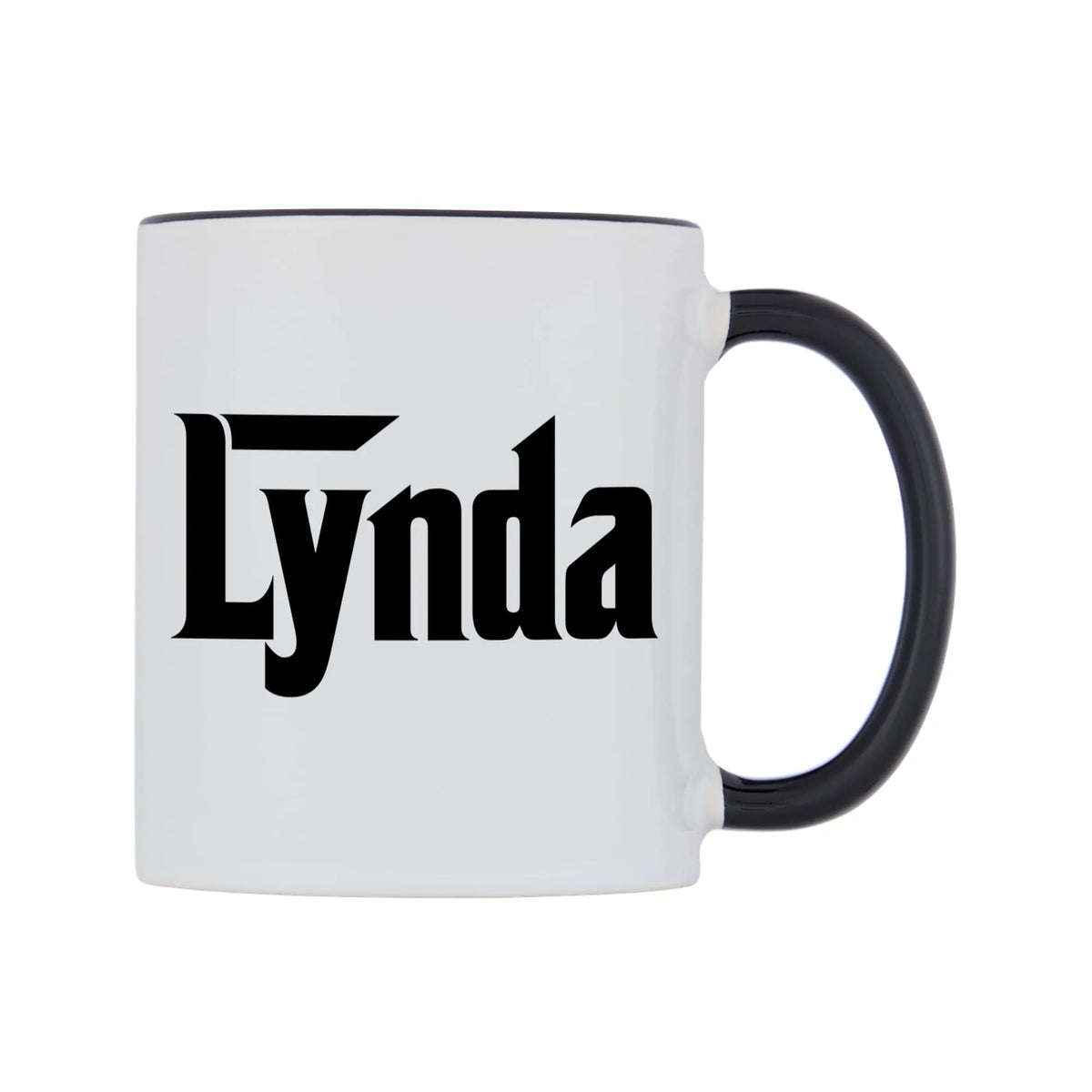 Lynda - Godfather Themed Mug — white 11oz gloss mug with a black inside and handle, left side, on a white background