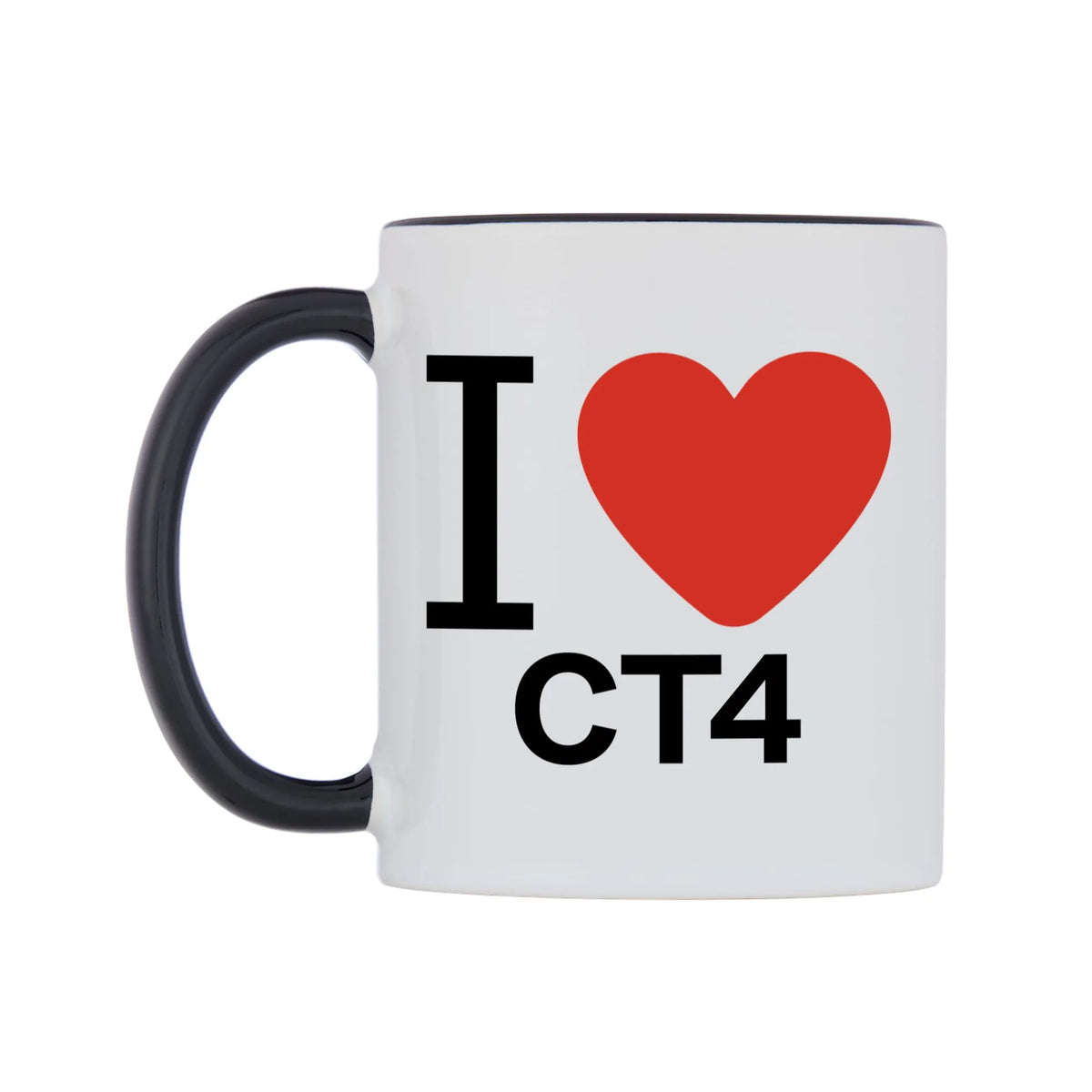 I Love CT4 Mug — white 11oz gloss mug with a black inside and handle, right side, on a white background