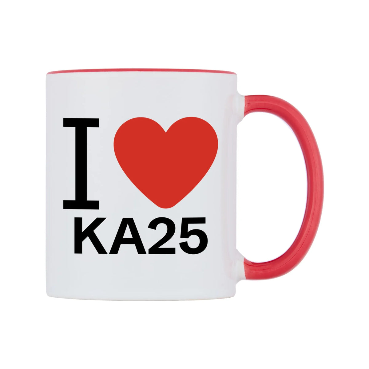 I Love KA25 Mug — white 11oz gloss mug with a red inside and handle, left side, on a white background